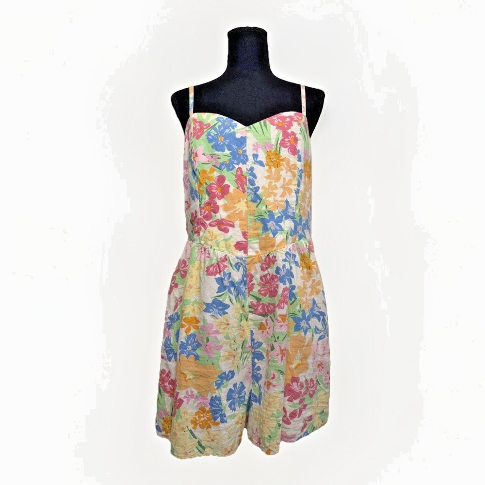 Girlhoodcore Fit & Flare Calico Floral Cami Linen‎ Romper Pockets Smocked Large